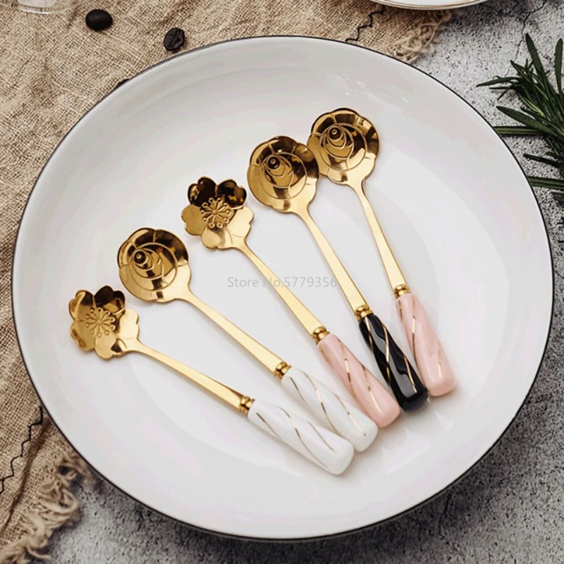 Stainless Steel Spoon with Ceramic Handle Flower Shape Tea Coffee Spoon Dessert Spoon Kitchen Tableware Ceramic Handle 1PCS