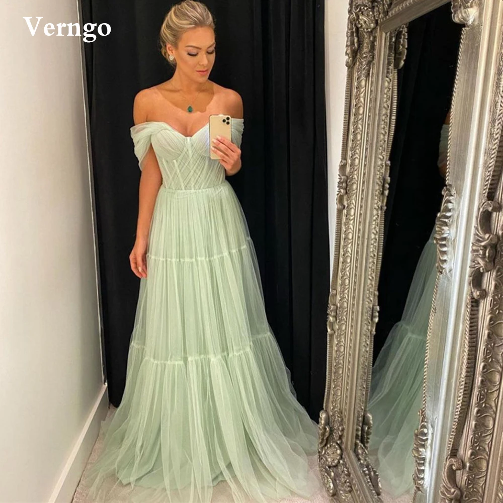 Verngo Light Mint Green Tulle Long Prom Dresses Off Shoulder Sleeves Sweetheart Evening Gowns Custom Special Occasion Dress