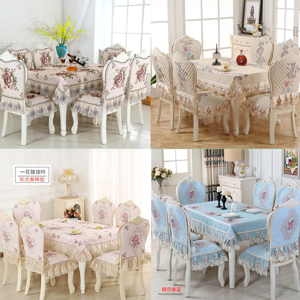 

European Linen Dining Tablecloth Chair Cover Cushion Set Classical Jacquard Lace Table Cover Round\Rectangle Furniture Cover G2