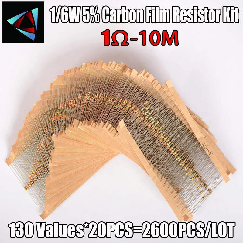 2600Pcs/Lot 1/6W 5% 1R~10M Ohm 130ValuesX20Pcs Carbon Film Resistor Kit Pack Samples Assorted