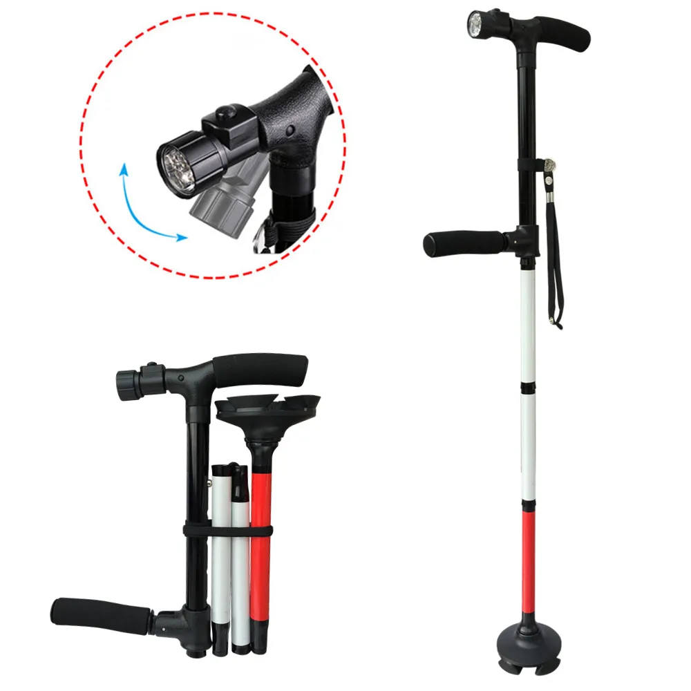 

Two-Handle Walking Clver Cane with LED Light, 85cm - 97cm Adjustable Folding Walking Stick for the Blind, Seniors Disabled and E