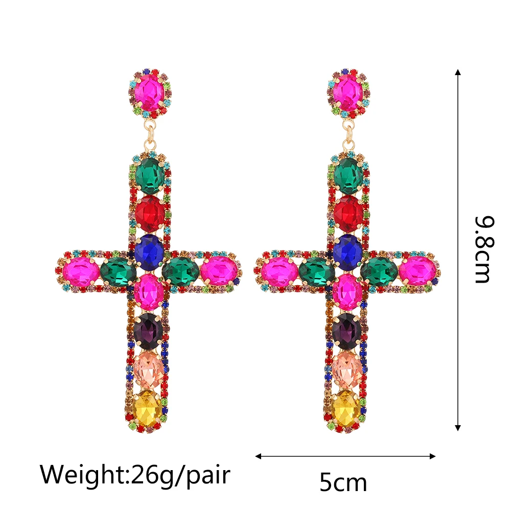 Dangle Earrings For Women Girl Luxury Cross Hollow Colorful Crystal Brincos Wedding Party Pendant Jewelry Ear Accessories Gift