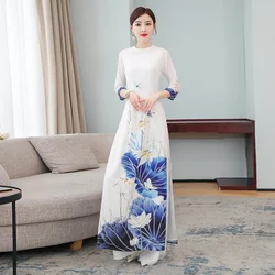 Chinese Style Two Piece Set Women Long Tops Pant Suits Pink White Slim Casual Vintage Harajuku Ao Dai Vietnam 2022 Printed