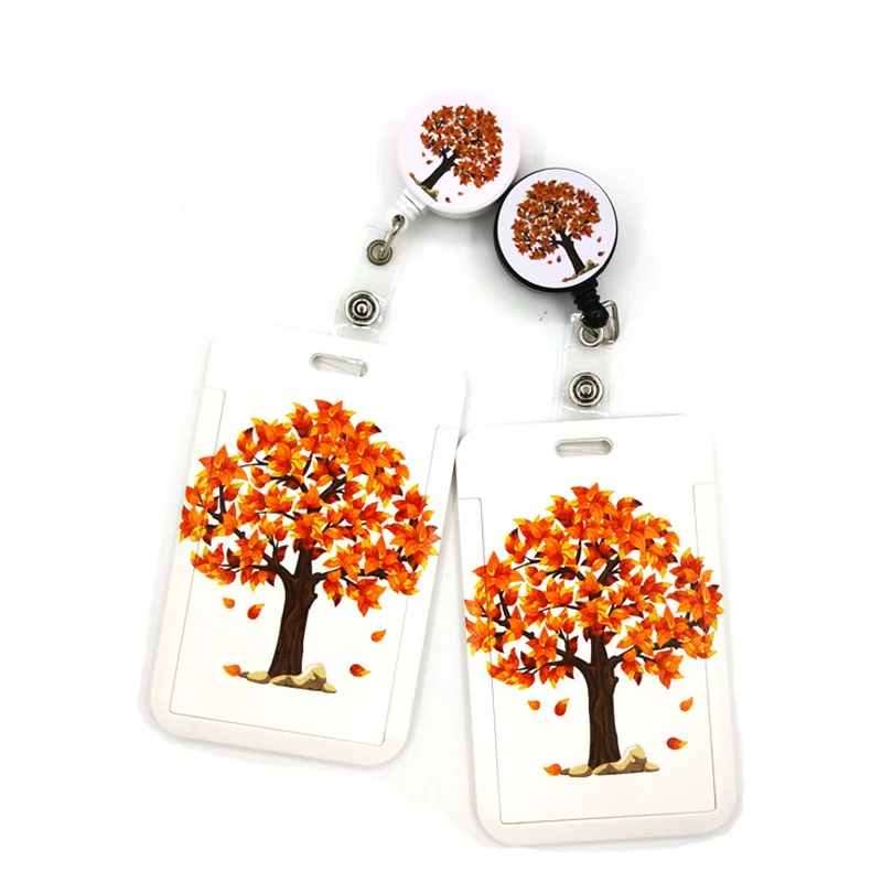 Autumn Fallen Leaves Cute Card Cover Clip Lanyards Retractable Student Nurse Badge Reel Clip Cartoon ID Cards Badge Holder