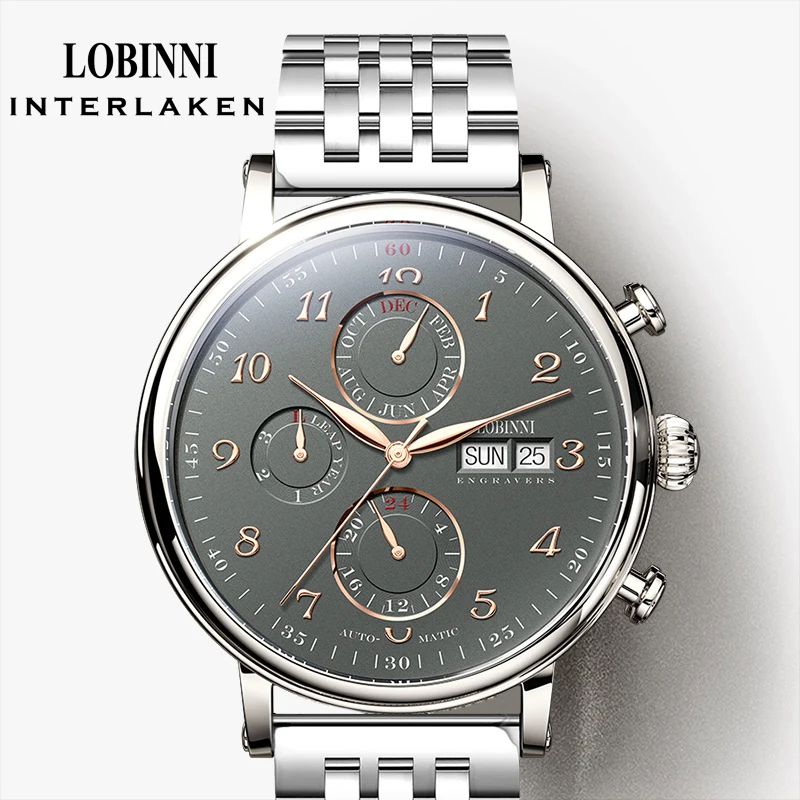 LOBINNI Top Brand Mens Dress Mechanical Watch 316L Stainless Steel Automatic Watches Sapphire Glass Multifunctinction Wristwatch