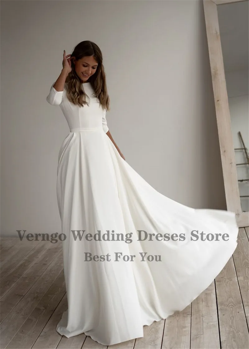 Verngo Simple Wedding Dress Long Sleeves A Line Crepe Boat Neck Elegant Bridal Dresses With Pockets Plus Size Customized