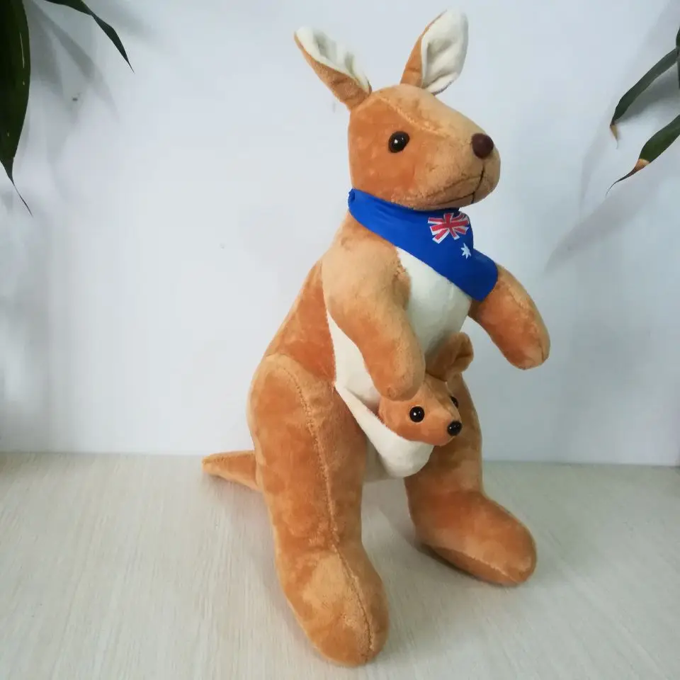 about 45cm yellow kangaroo plush toy with blue flag scarf soft doll toy birthday gift h2025