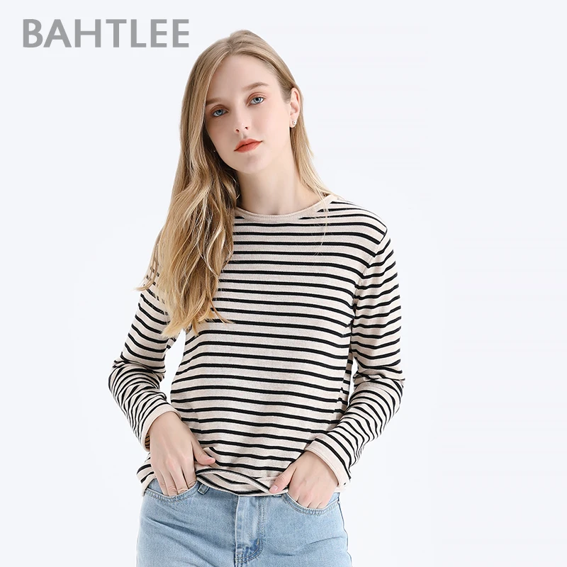 BAHTLEE-Women's Wool Pullovers, Black and White Striped Sweater, Knitted Jumper, Long Sleeves, O-Neck, Loose Style, Spring,