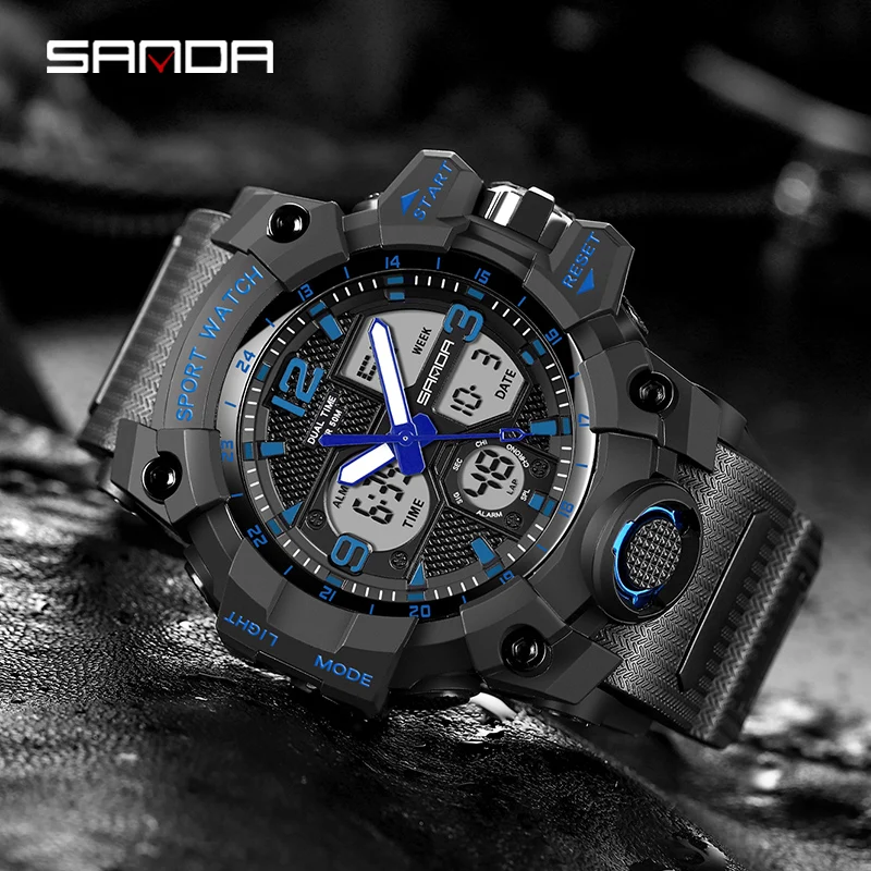 

SANDA Sports Watch Men Multifunctional Dual Display Military Watches 50M Waterproof Timer Alarm Clock Luminous LED Reloj Hombre