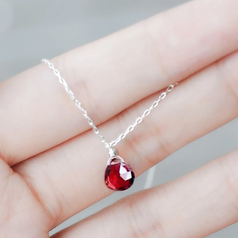 

High Quality Tassels 925 Sterling Silver Water Drop Pendant with Short Chain Red Garnet Necklace Natural Stone Female Cute Gift