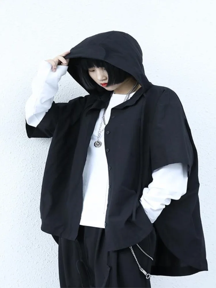 

Ladies Short Sleeve Hooded Shirt Summer New Dark Irregular Design Casual Loose Large Size Hooded Short Sleeve Shirt