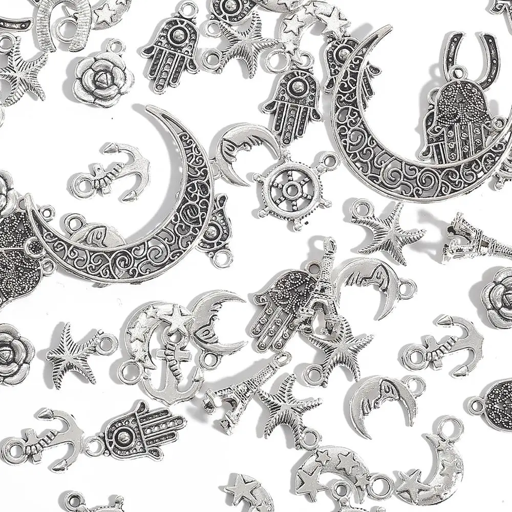 10-50pcs Silver Plated Mixed Styles Horseshoe Stars Moon Flower Charm Pendants for DIY Earring Necklace Bracelet Jewelry Making