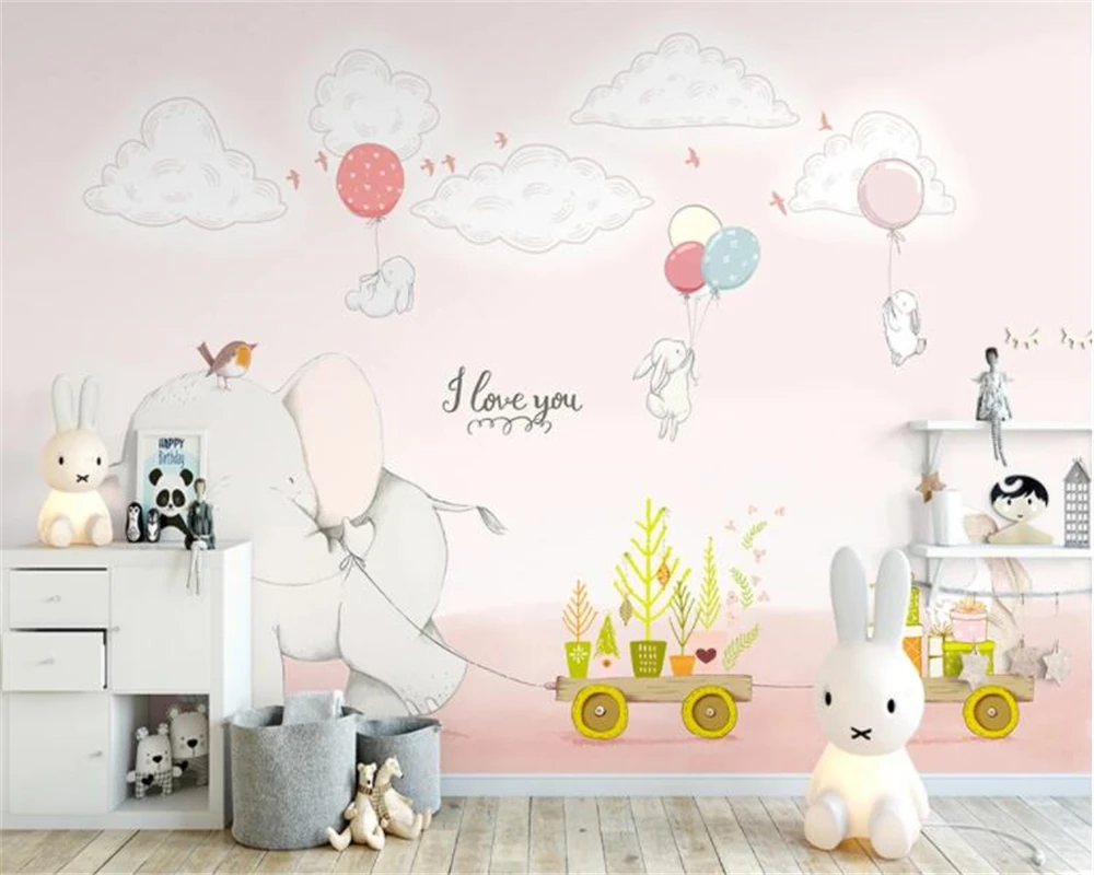 Beibehang Custom wallpaper cartoon elephant white rabbit children's room kindergarten sofa TV background wall 3d wallpaper