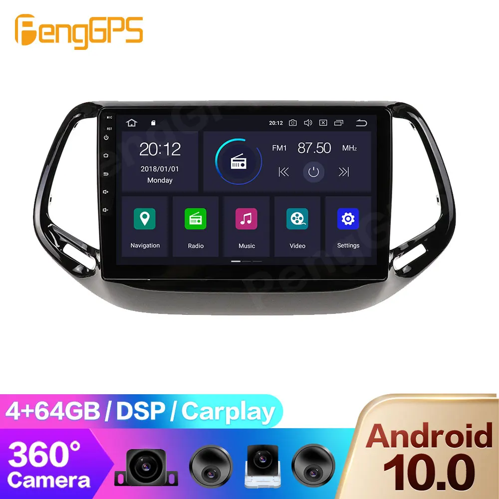 For Jeep Commander 2016-2019 GPS Navigation Android Radio Multimedia 2 Din DVD Player Touch Screen Headunit 360 Camera PX6 OBD2