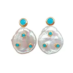 Freshwater Cultured White Coin Pearl Muti Color Cz pave Stud Earrings for Woman