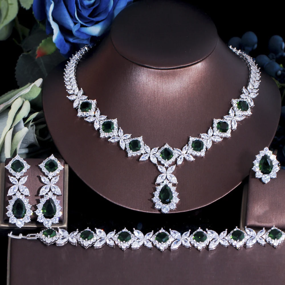 ThreeGraces 4pcs Vintage Green Cubic Zirconia Nigerian Luxury Big Bridal Wedding Engagement Party Jewelry Sets for Brides TZ663