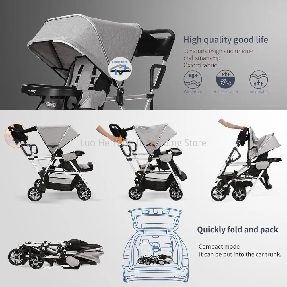 Double Children Carriage, Convenience 2 Kids Sit/Stand Stroller, Fold Tandem Pram