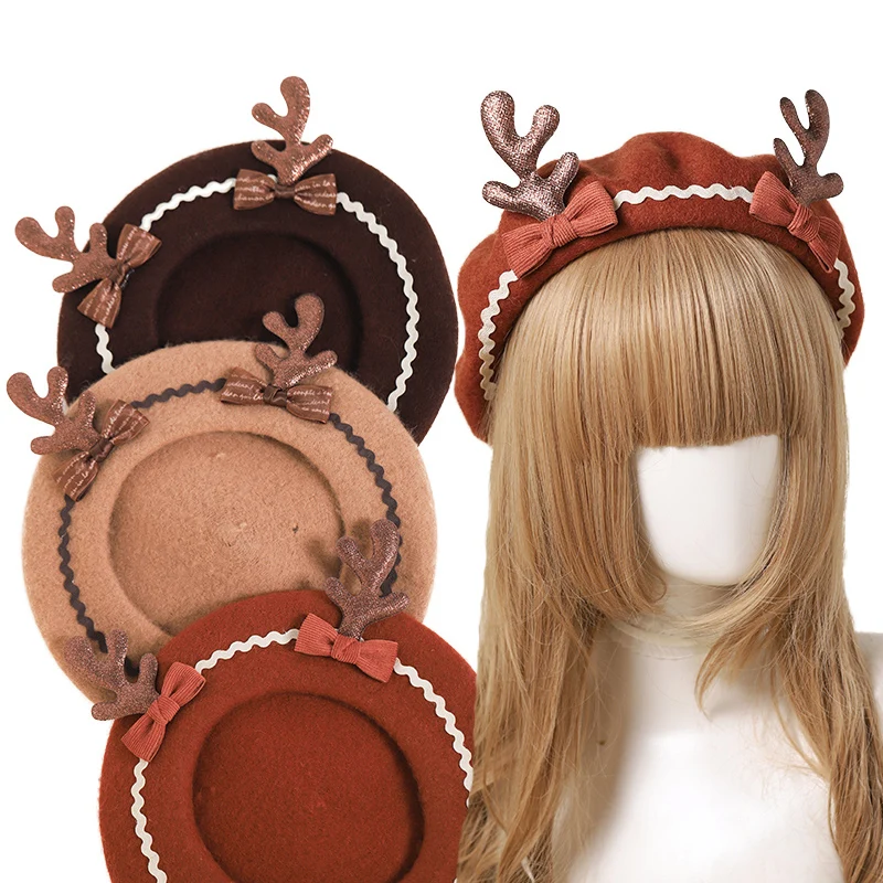 

As Reindeer Japanese soft sister LOLITA bowknot hand made antlers beret qiu dong female painter hat beret girls