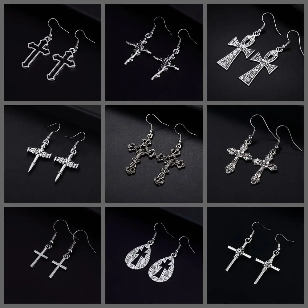 Trendy Vintage Cross Shape Dangle  Antique Silver Plated Earrings for Women Girl Retro Drop Earrings Cute Earring Jewelry Bijoux