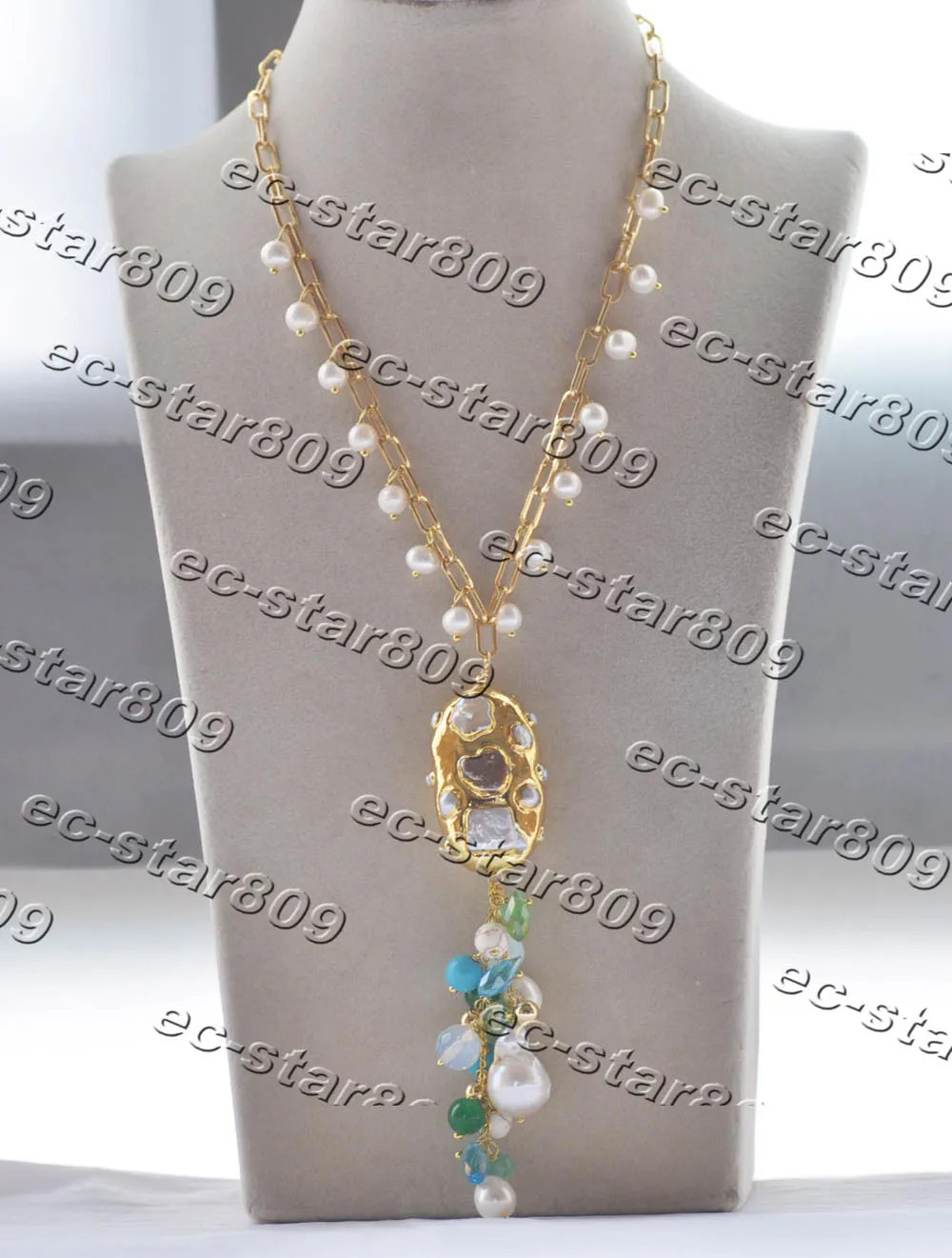 

Z11388 19" 42mm White Pearl Gold-Plating Jade Turquoise Opal Chain Grape Pendant