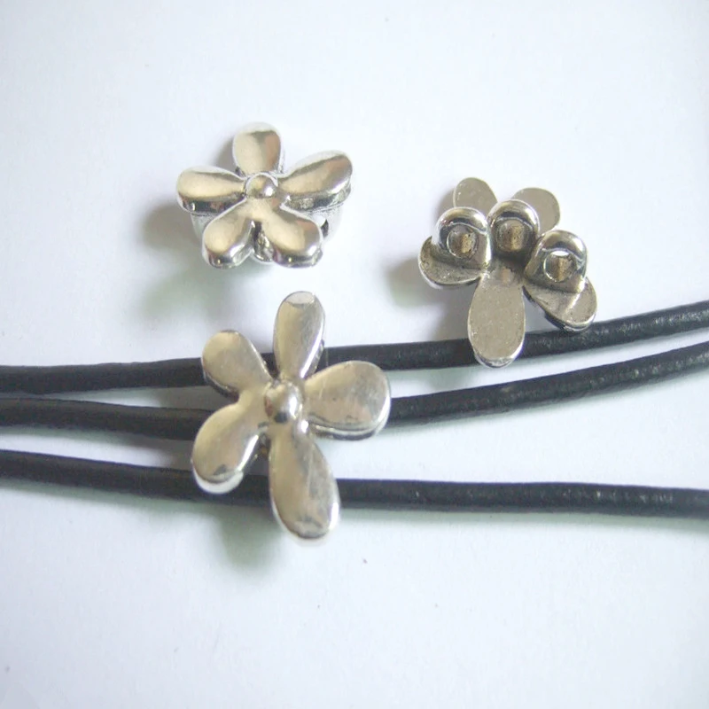 10pcs Antique Silver Color Alloy 3 Holes Flower Sliders for 2mm Round Leather Bracelet Jewelry Making