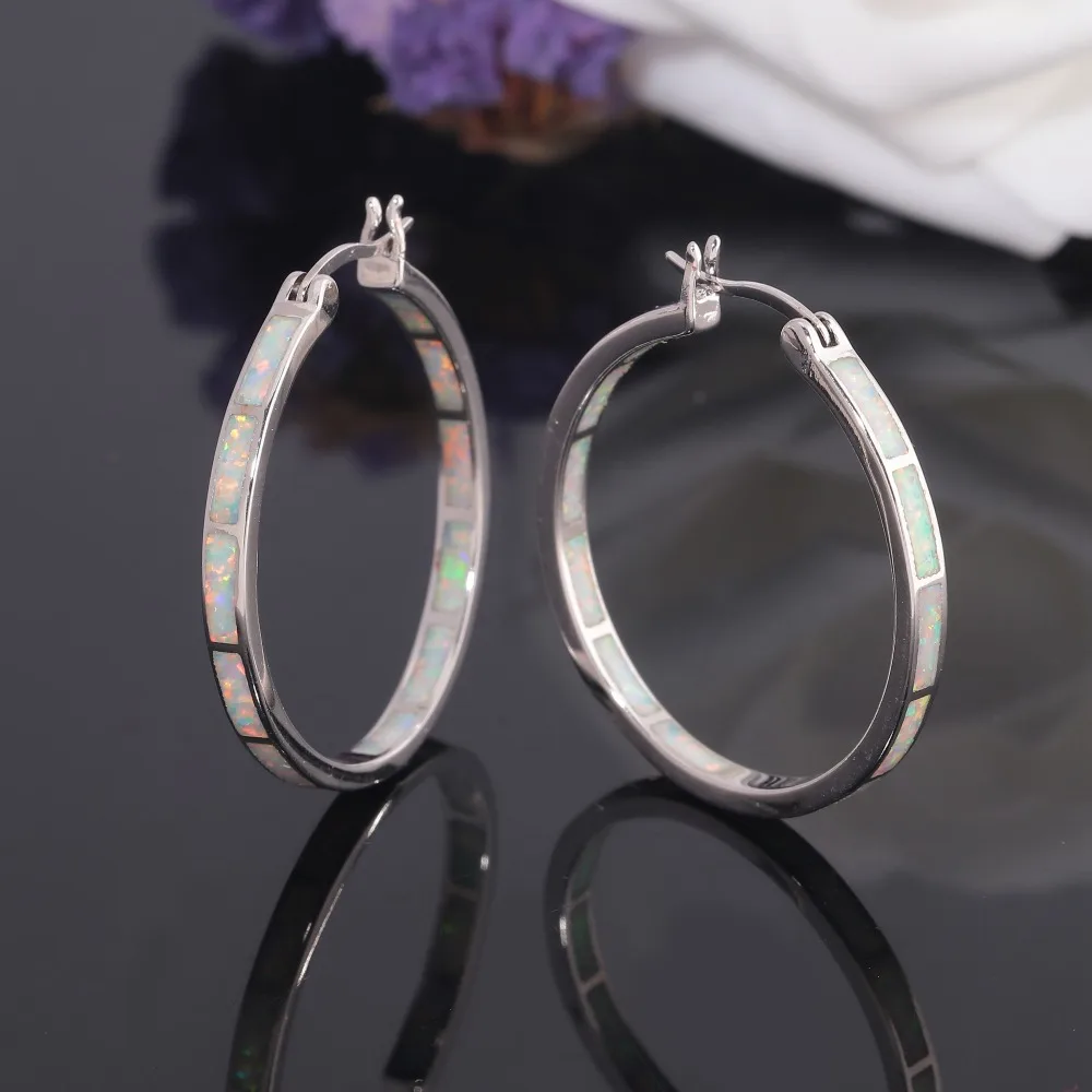 CiNily White Fire Opal Hoop Earrings Silver Plated Large Round Circle Punk Rock and Roll Simple Fashion Jewelry Gifts Girl Woman