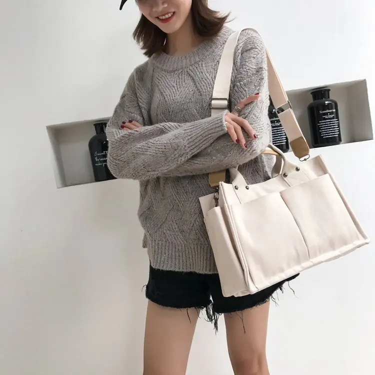 

Women Bag Canvas Tote Bag High-Capacity Vintage Solid Zipper High Quality Shoulder Bag Simple Handbag Pures And Bags Crossbody