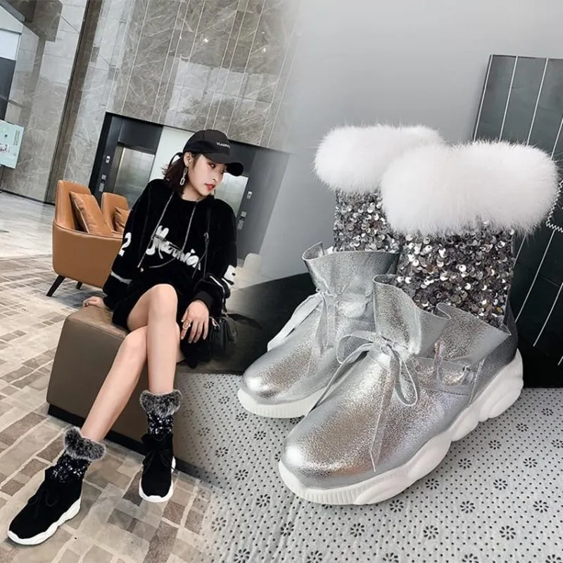 Rabbit fur plus velvet snow boots female thick bottom sweet warm student sequin women boots kawaii snow boots loli cos Lolita