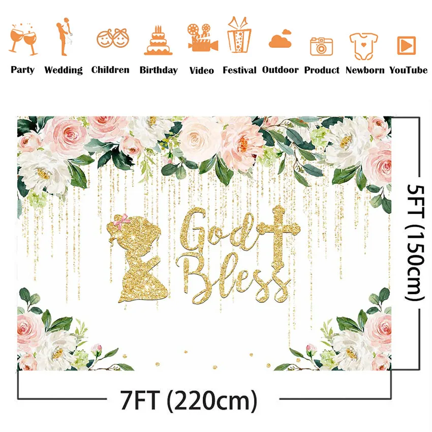 Baby Shower Floral baby backdrop god bless photo background baptism pink rose flower background for photo studio photocall