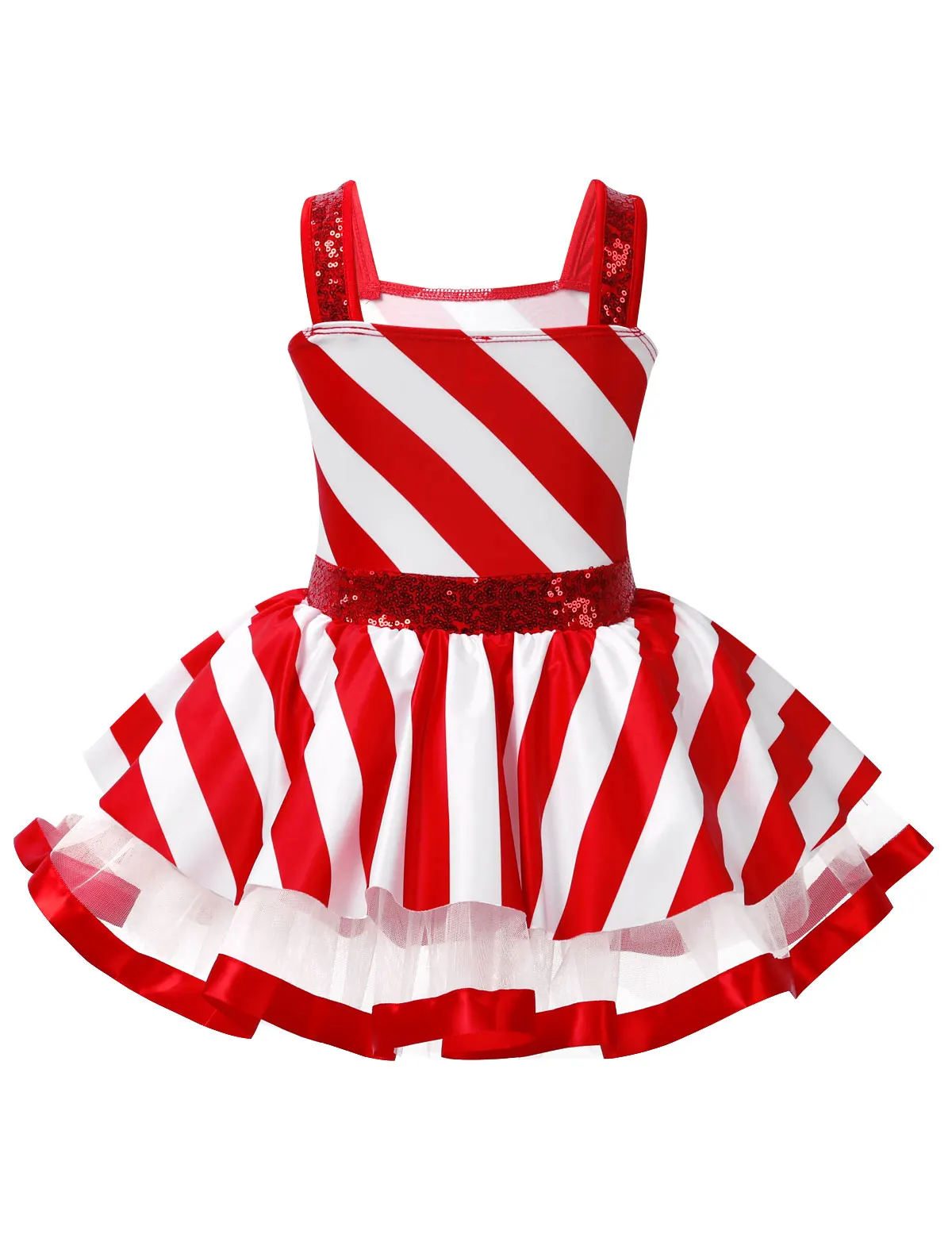 Kids Girls Christmas Dance Costume Candy Cane Santa Claus Leotard Dress Sequins Striped Ice Skating Roller Tutu Dress Dancewear