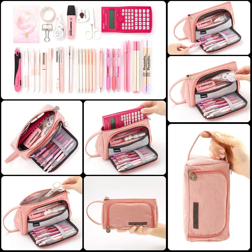 Imagem -04 - Pink Monochromatic Pencil Bolsa Organizador de Papelaria para Meninas da Escola Pen Pouch Holder Canvas Office Supplies Makeup Case Gift Box