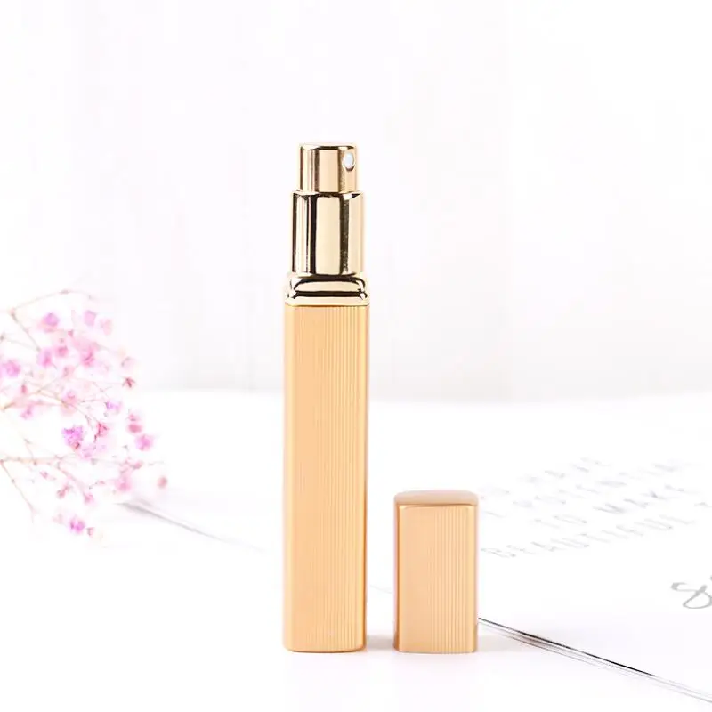 Empty 12ml Pinstripe Spray Scent Bottle Square Refillable Anodized Aluminum Glass Perfume Container LX4012