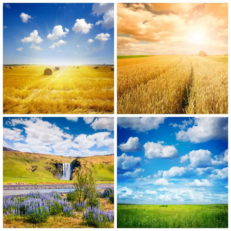 Laeacco Autumn Farm Field Hay Rolls Photography Backgrounds Blue Sky Scenic Mountain Plants Photographic Backdrops Photo Studio