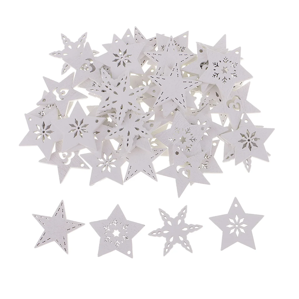 50pcs White Stars Wood Scrapbooking Crafts DIY Xmas Tree Hanging Decorations