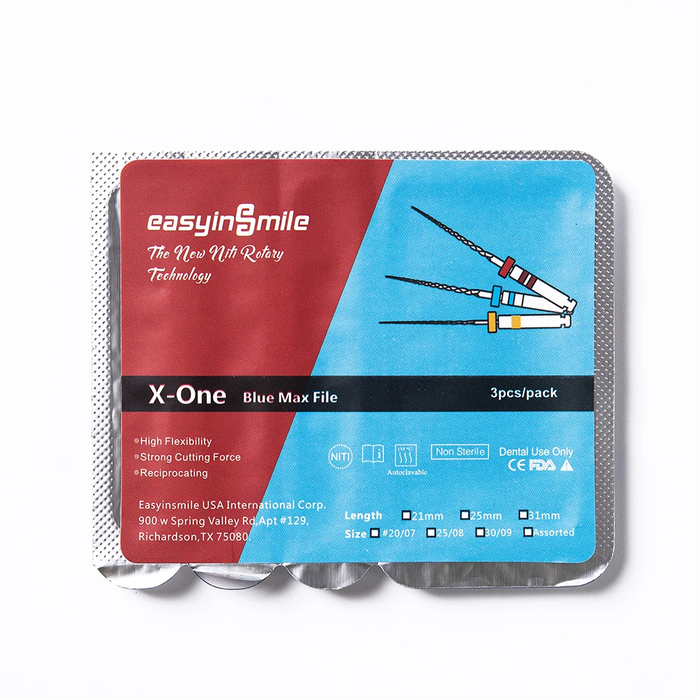 EASYINSMILE X-ONE Endodontic Reciprocating NITI Rotary Files 25MM Dental Endo Blue Max Autoclavable Engine File Tips 3Files/pack