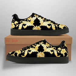 Noisydesigns New Unisex Black White Low Top Leather Sneakers Leisure Shoes Light Luxury Golden Pattern Flat Couple Sport Casual