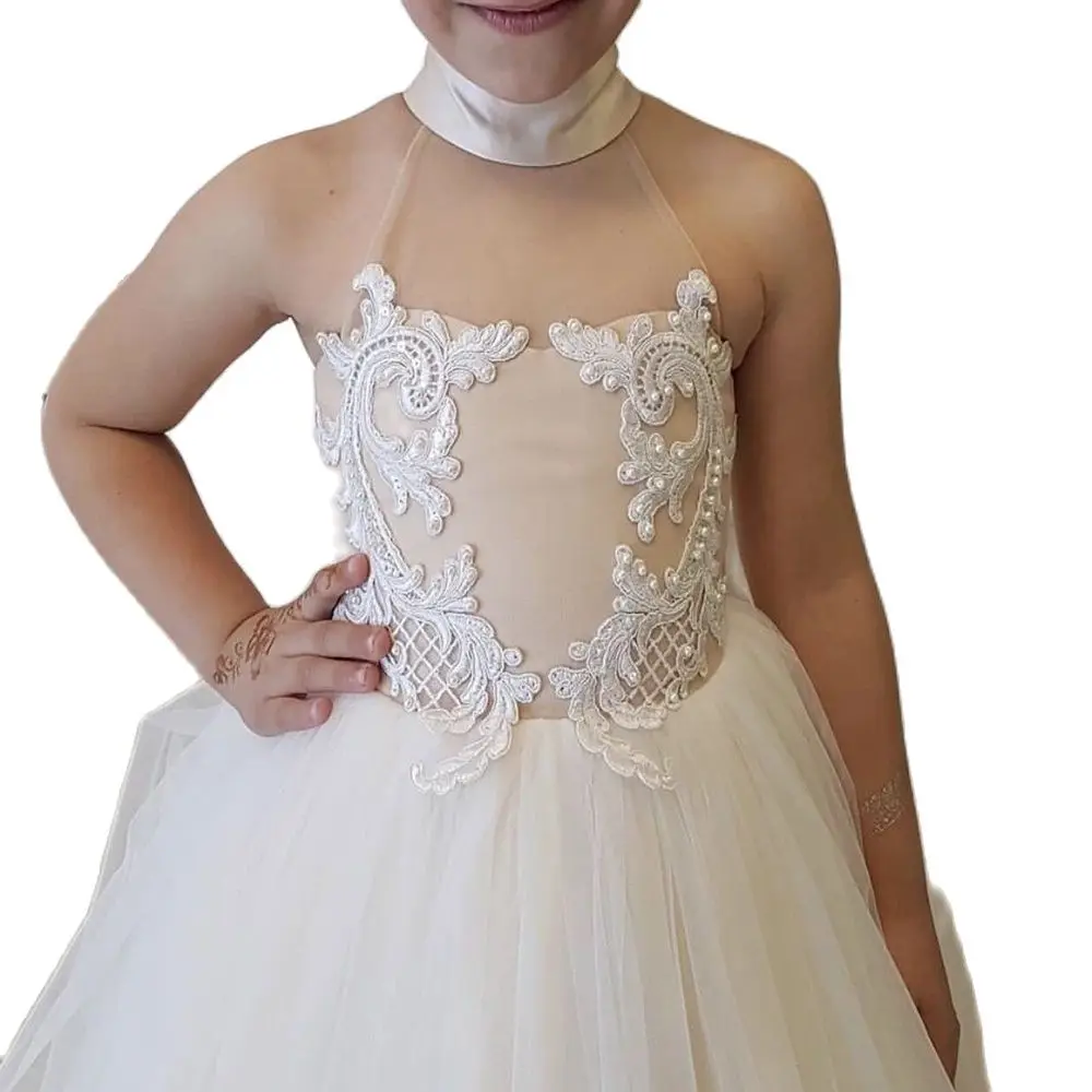 Lace Tulle Flower Girl Dresses Kids Ivory Pearls Appliques Celebrity Dress Backless Halter Girl Prom Dress Baby Girl Dress