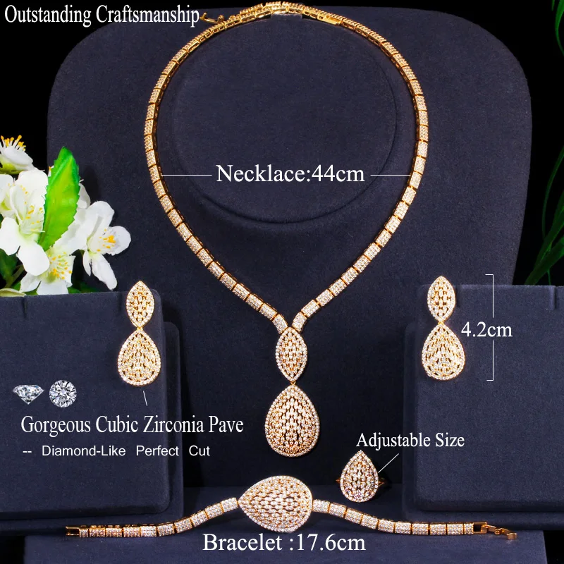 CWWZircons Luxury Big Water Drop Women Party Earring Bracelet Ring Necklace 4pcs Sets Gold Plated Wedding Costume Jewelry T424