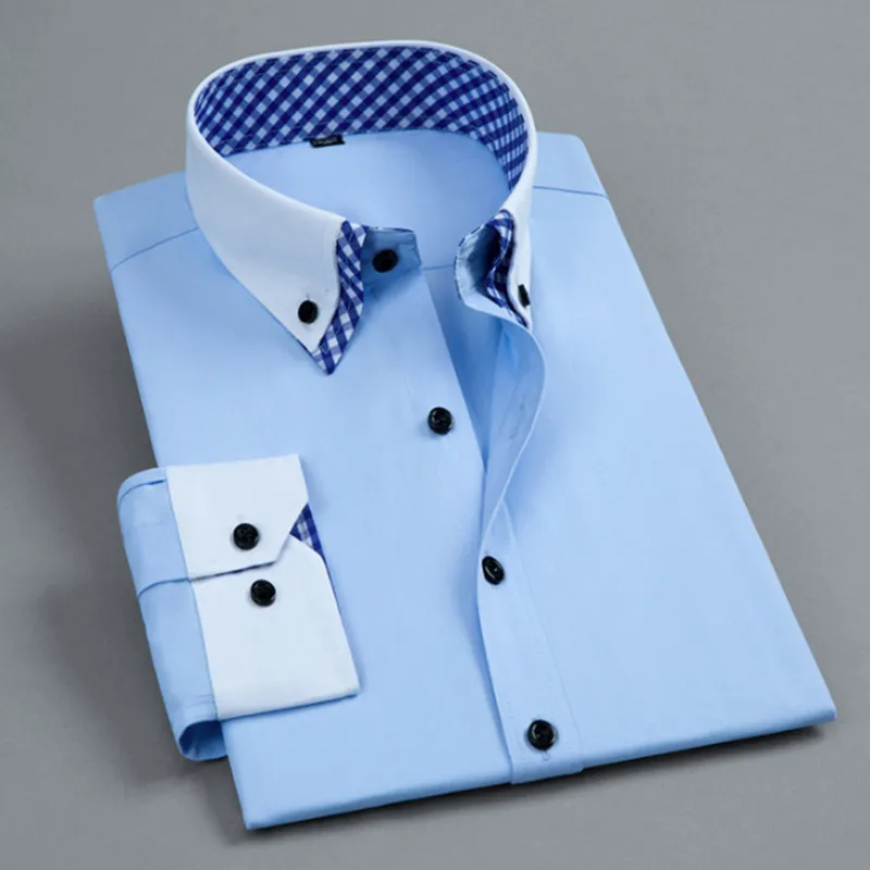 Men Shirt Double Collar Plaid French Cuff Mens Dress Shirts Social Fashion Slim Business Casual Formal Shirts