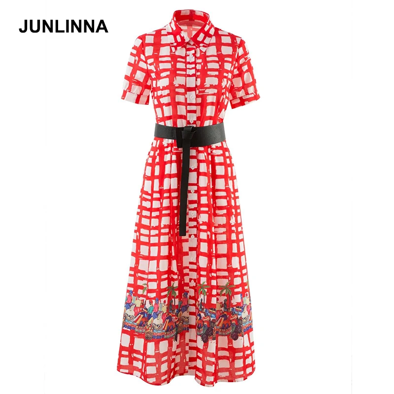 

JUNLINNA Fashion Runway Spring Red Plaid Dress Women Turn-down Collar Single-breasted Short Sleeve Casual Shirt Midi Vestidos