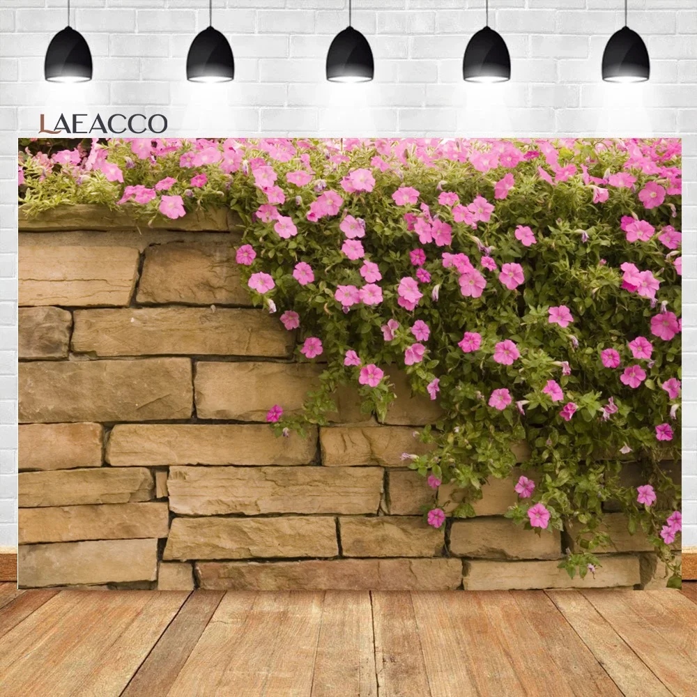 Laeacco Brick Wall Flowers Grass Grunge Portrait Baby Birthday Photo Backdrop Photography Backgrounds Wedding Photocall Studio