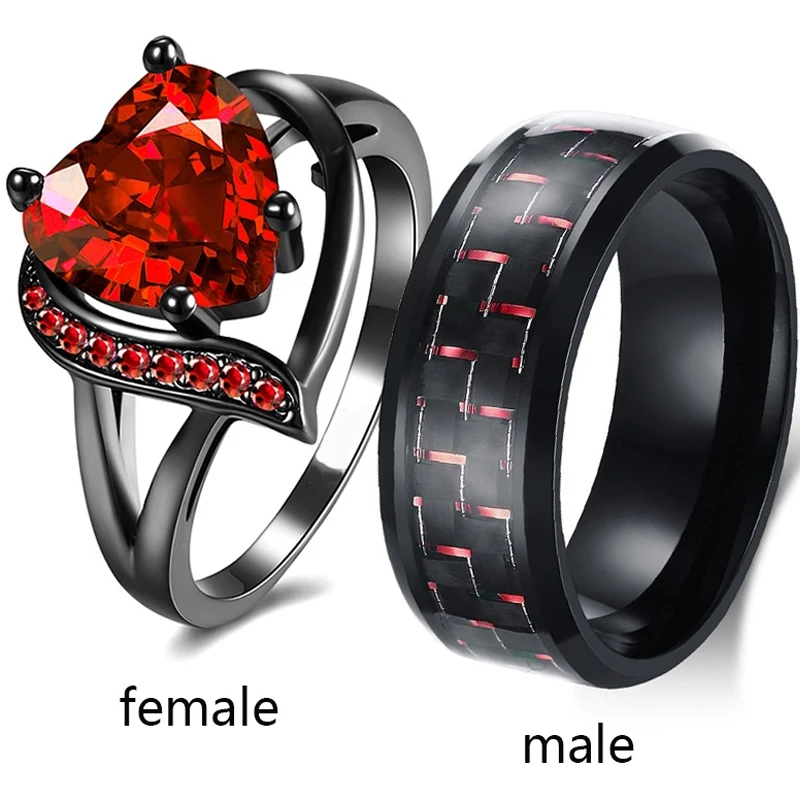 

Sz6-12 Couple Rings His Hers Black Gold Plating Heart-shaped red Zircon Women's Ring Stainless Steel Men's band