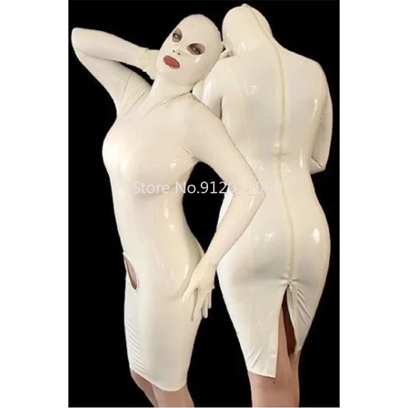 

Handmade Women White Latex Long Slevees Rubber Dress Catsuit with Back Zipper Mask Gloves Clubwear Bodysuit Costumes