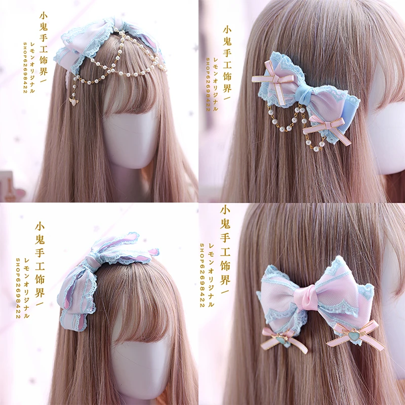 Pink blue dream color Japanese handmade bow hairpin soft sister bow hair accessories headdress LOLITA original