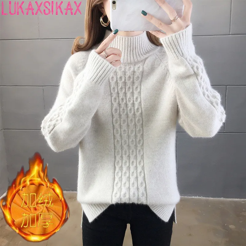 

LUKAXSIKAX New Autumn Winter Women Thicken Warm Turtleneck Sweater Fashion Twisted Solid Color Knitted Sweater