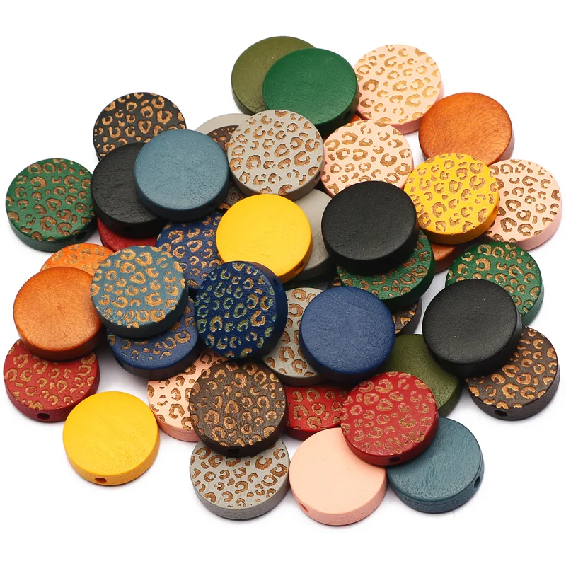 20pcs 15/20mm Mixed Color Natural Wooden Beads Leopard Pattern Round Flat Spacer Beads For Jewelry Making Diy Charms Supplies