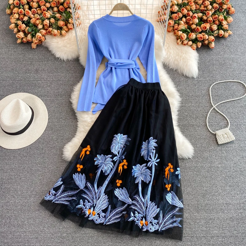 Fall New Retro Ethnic Ensemble Femme Female Blue Sashes Lace-Up O-neck Sweater + Embroidery Mesh Skirts Two Piece Sets Women