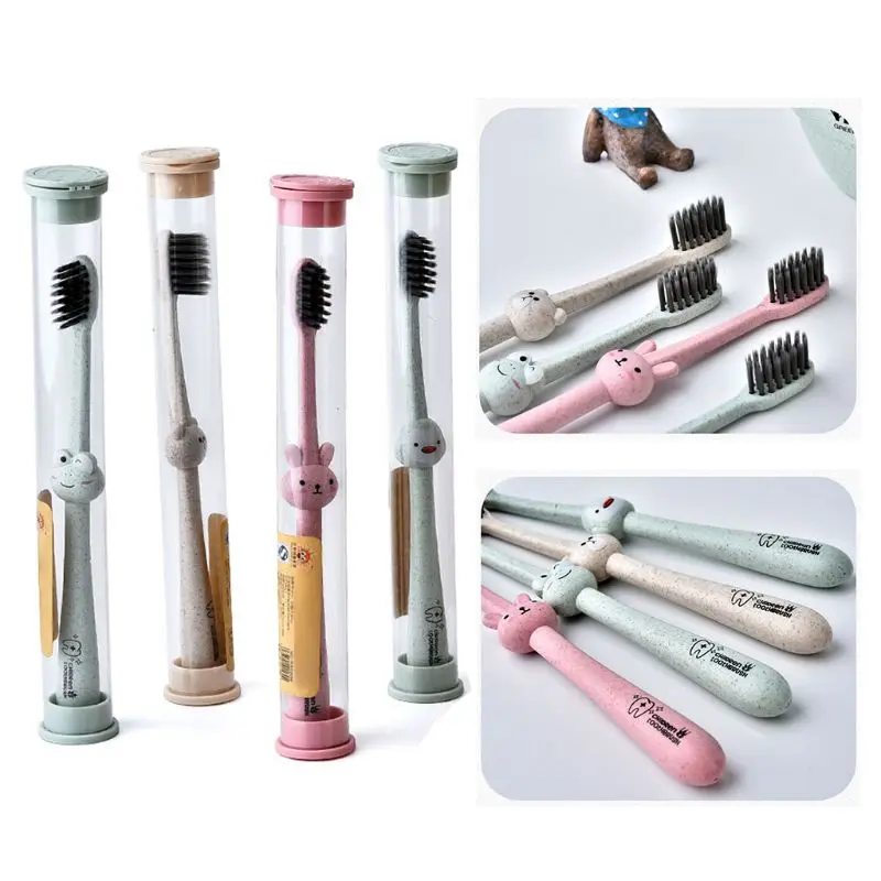 1 Piece Children Baby Toothbrush Cartoon Handle Oral Bamboo Charcoal Brush Care Natural Wheat Straw Degradable Random Delivery