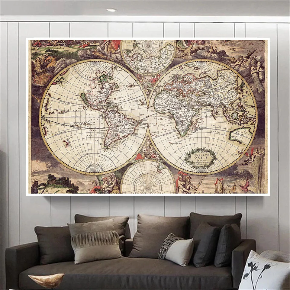 Quadros artísticos para crianças, pôster artístico do mapa mundi vintage, tnt, decoração para parede da casa, material escolar, 7 pés x 5 pés