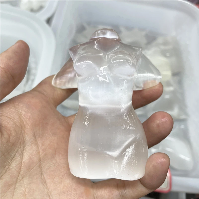 10CM  Natural Selenite Goddess Statue Healing Crystal Carved Woman Torso Energy Gem Body Sculpture Room Decor